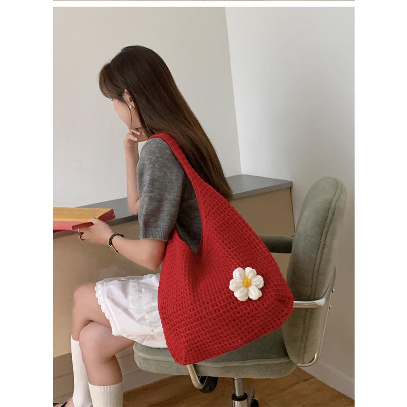 Flower Print Knit Bag for Women Hollow Out Mesh Tote Shoulder Purse Soft Woven Handbag Casual Daily Outing Bag