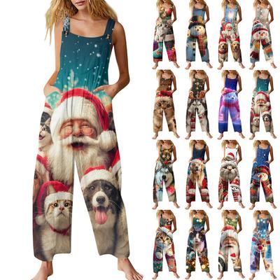 Mono casual de Navidad estampado para mujer sin mangas de algodón estampado