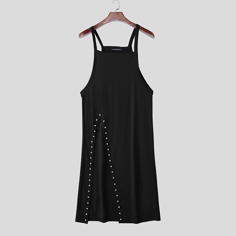 INCERUN Men Strap Sleeveless Beading Splits Long Tunic Tank Tops