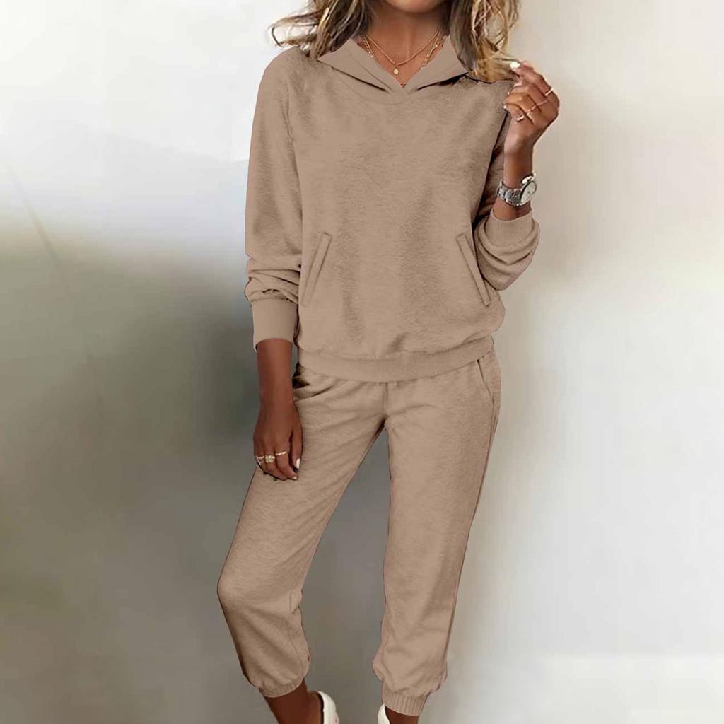 Women's Fashion Two-piece Solid Color Hooded Sweatshirt Trousers Casual Set