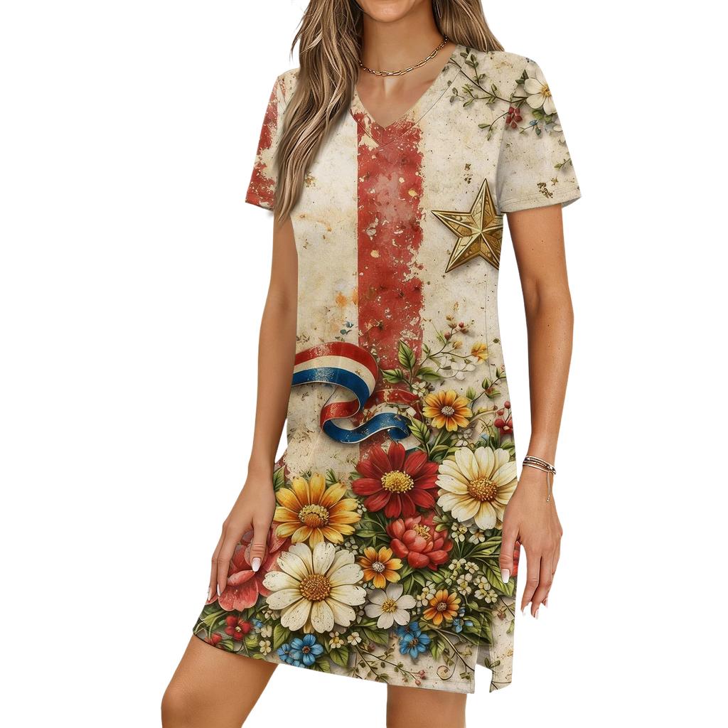 Women's Casual V-neck Short Sleeve Split Hem Independence Day Printed Dress