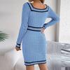 Women's Fashion Retro Colorblock Square Neck Button Long Sleeve Sweater Hip Dress