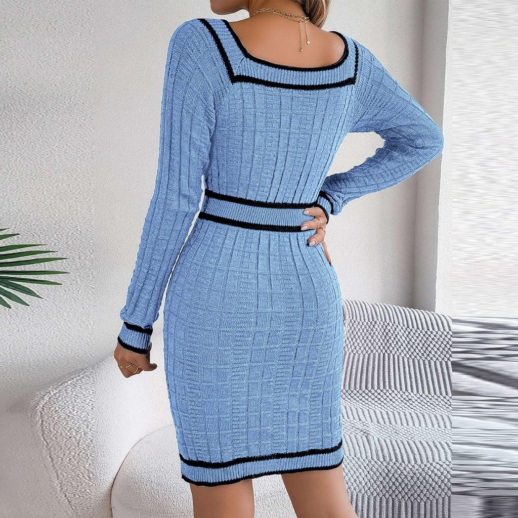 Women's Fashion Retro Colorblock Square Neck Button Long Sleeve Sweater Hip Dress