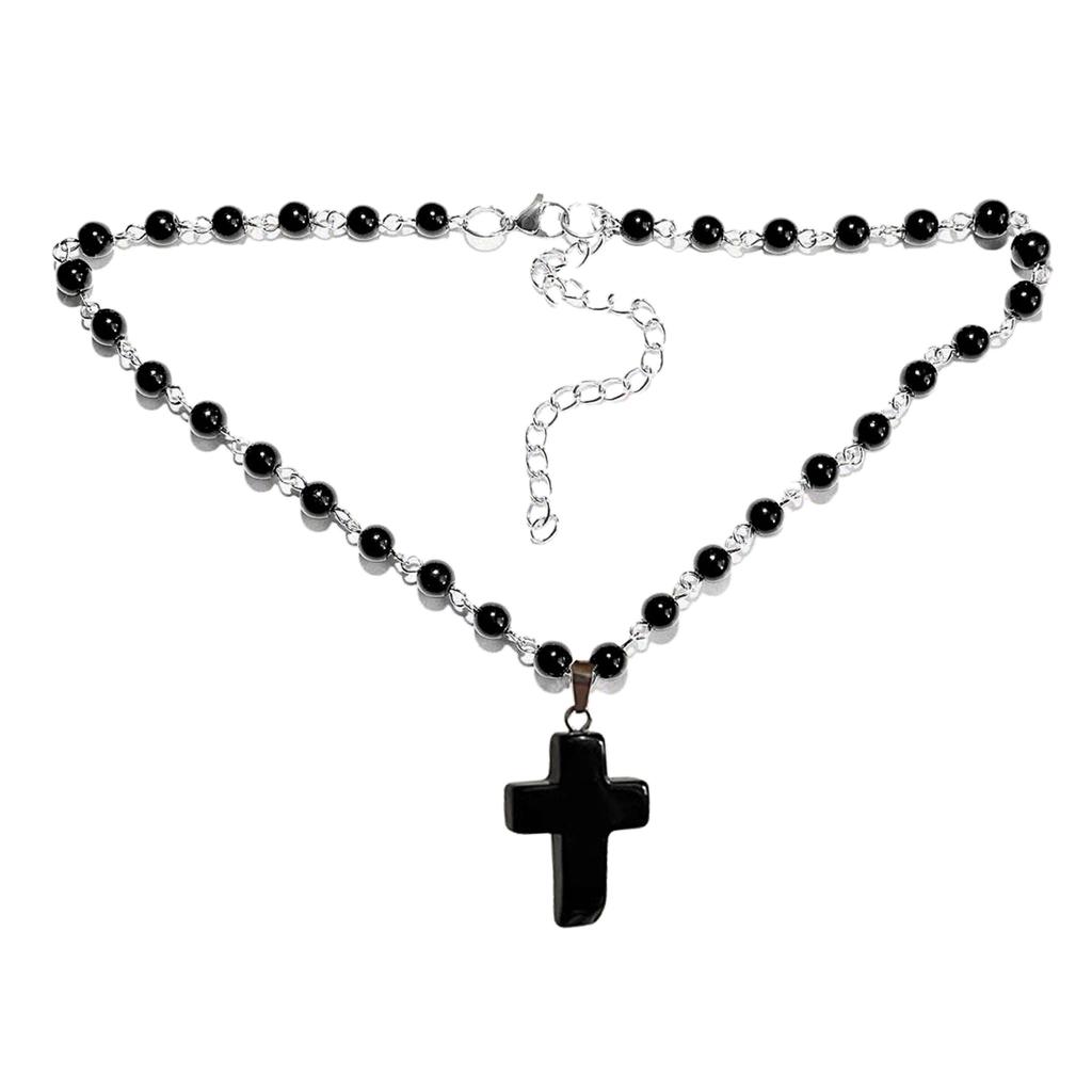 Colier cu Pandantiv Crucifix Lanț Claviculă Religios Colier Choker Cruce cu Inspirație Punk Ornamente Mărgele Perle Negre Accesorii