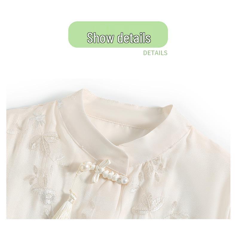 Mom's Summer Embroidered Tassel Stand Collar Chiffon Blouse for Middle-Aged Women