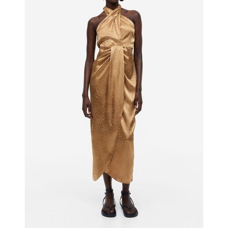 

Export Single H Home Smooth Texture High Quality Fairy Tihua Twist Halterneck Elegant Elegance Bare Back Dress Camel TWIPS XL