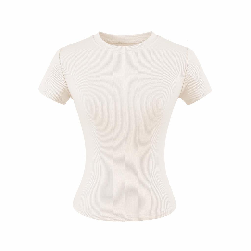 Women's Summer Stretch Slim Fit Ribbed Crop Top - Round Neck, Short Sleeve, Solid Color