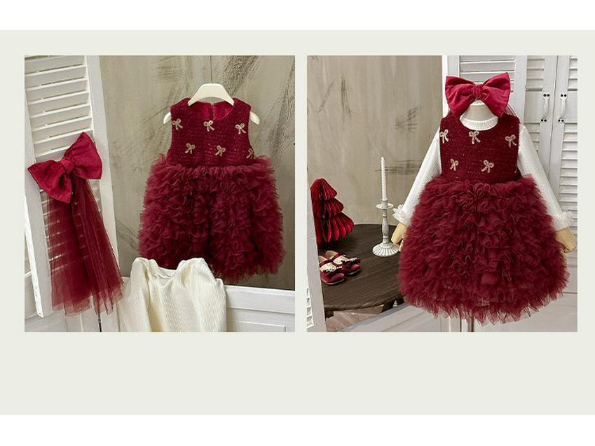 2025 Winter Red Velvet Mesh Princess Dress for Toddlers with Bowknot