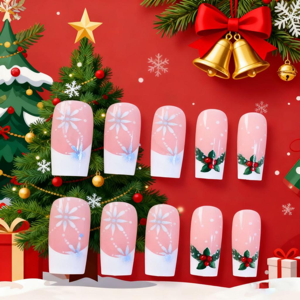 European And American Nail Art Christmas Fashion Small Fresh French Leaf Snowflake Medium Length Wearing Nail