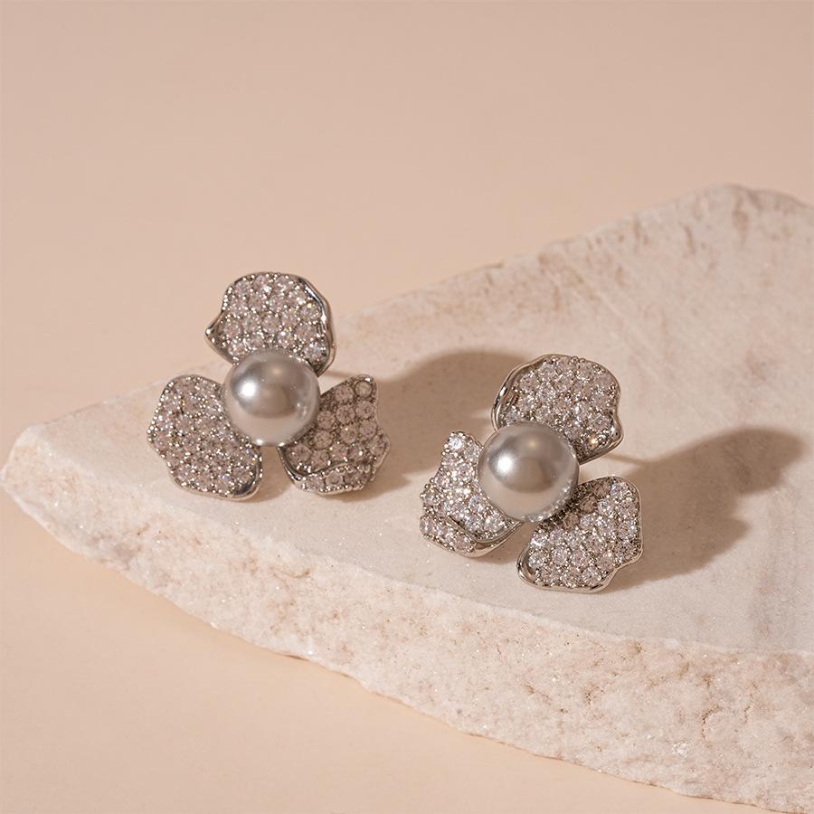 Chic Metallic Zircon Petal Pearl Earrings for Women
