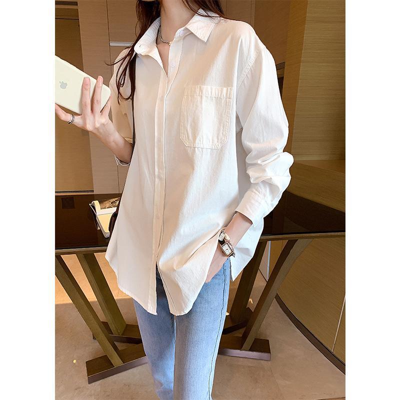 

Женская рубашка Весна и Осень Свободная Большого размера С длинным рукавом Базовая рубашка S белый