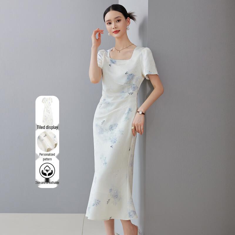 Elegant Printed Waist-Cinching A-Line Summer Dress M