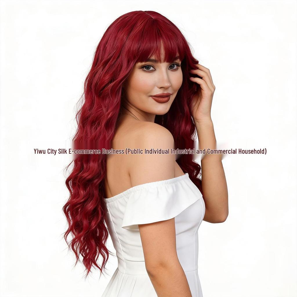 Wine Red Long Curly Wig with Full Bangs and Straight Ends - New Style