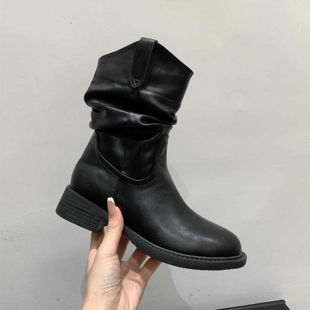 Thick-soled V-mouth thin medium boots women's shoes 2025 spring and autumn single boots western cowboy pile short boots Martin boots