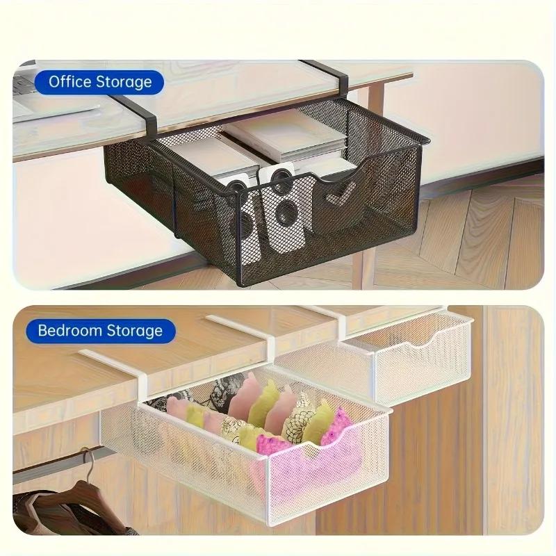 Portable Under-Table Hanging Storage Basket with Pull-Out Drawer - Easy to Assemble Desk Organizer for Office & Bedroom