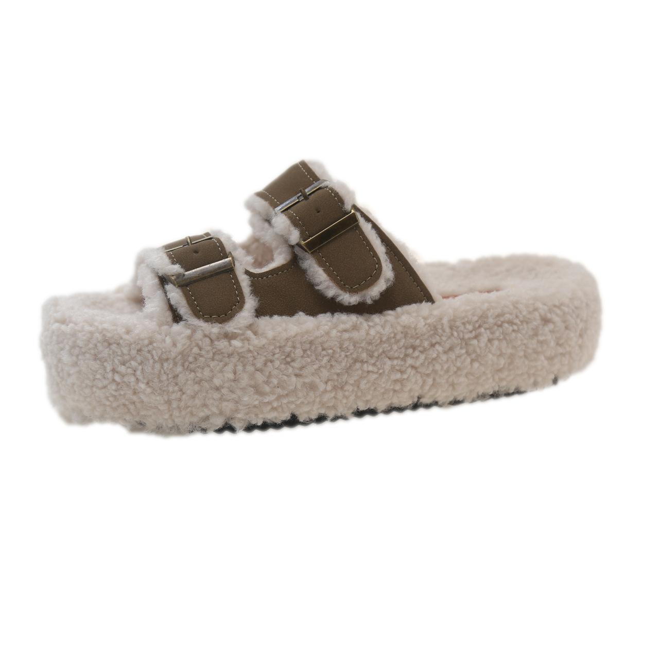

Large size thick bottom one-word fleece thickened lamb wool slippers comfortable and warm double buckle open-toed cotton slippers 41