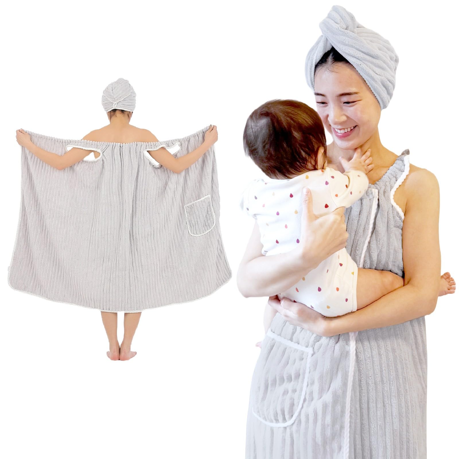 

Ranunculus mi Wearable Bath Towel, Bathrobe, Women s, Support for Single Mothers, Wrap Towel, Bath Dress, Microfiber, Gray, One Size Fits All