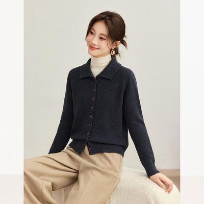 Women's 100% Wool Knit Cardigan with Lapel Collar