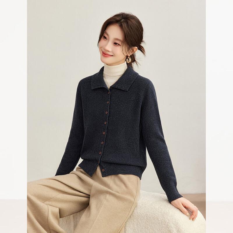 Women's 100% Wool Knit Cardigan with Lapel Collar