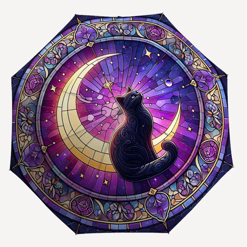 1PC stained glass window moon cat Umbrella-8-Rib Reinforced, Automatic Open, Lightweight & Durable, Cute Fashion Accessory for Outdoor-W9235