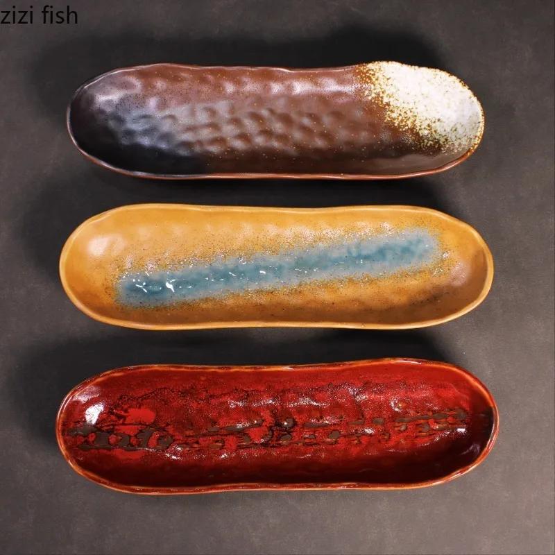 Retro Ceramic Sushi Plate Oval Dessert Plate Snack Plate Fish Plates Sashimi Plates Restaurant Molecular Cuisine Tableware