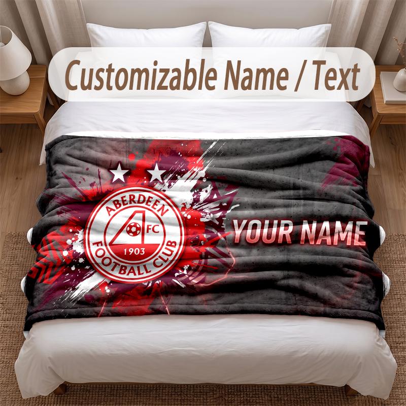 Aberdeen FC Printed Flannel Blanket Custom Name Text Soft Warm Throw For Bedroom Holiday Gift