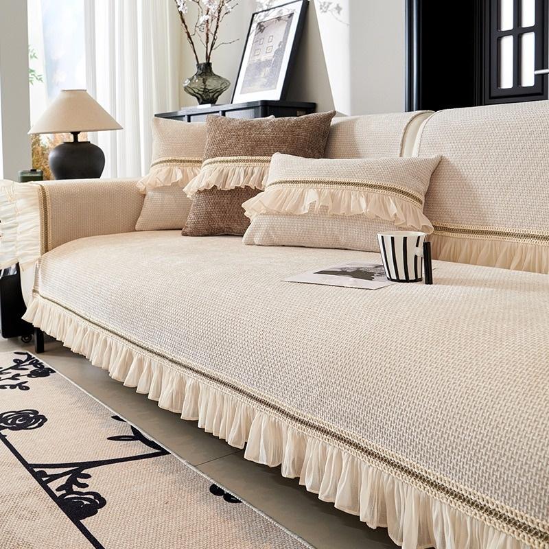 

1 шт. Однотонный жаккардовый чехол на диван из шенилла с оборкой, для современной гостиной, противоскользящий чехол на сиденье дивана, мебель 70*70cm белый