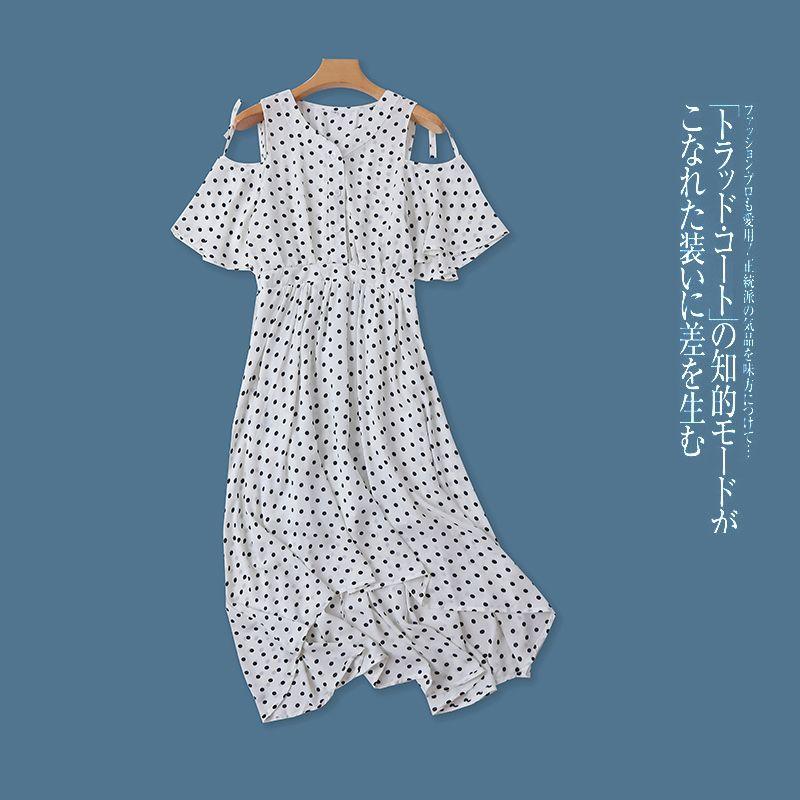 

Women s Summer New Short Sleeve Polka Dot Chiffon Dress White Bottom Wave Point B- 16-10-4 S