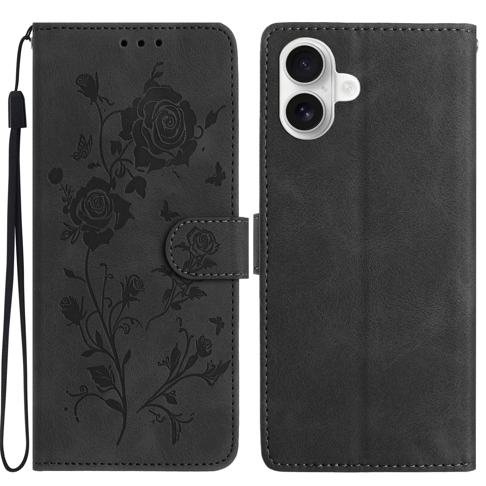 

For iPhone 17 Wallet Case Rose Pattern Imprinted Leather Flip Stand Phone Cover with Strap Black