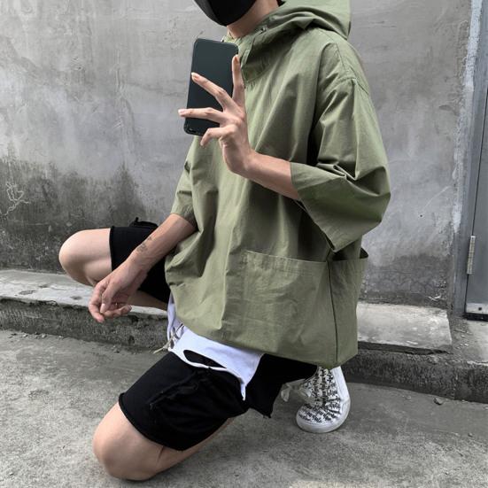 Hooded Half Sleeve Pullover Top Soft Large Pockets Loose Men T-shirt Streetwear