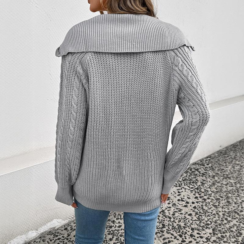 Damen Zopfmuster Cardigan Reißverschluss Kragen Langarm Vintage Pullover Locker Offene Vorderseite Mäntel