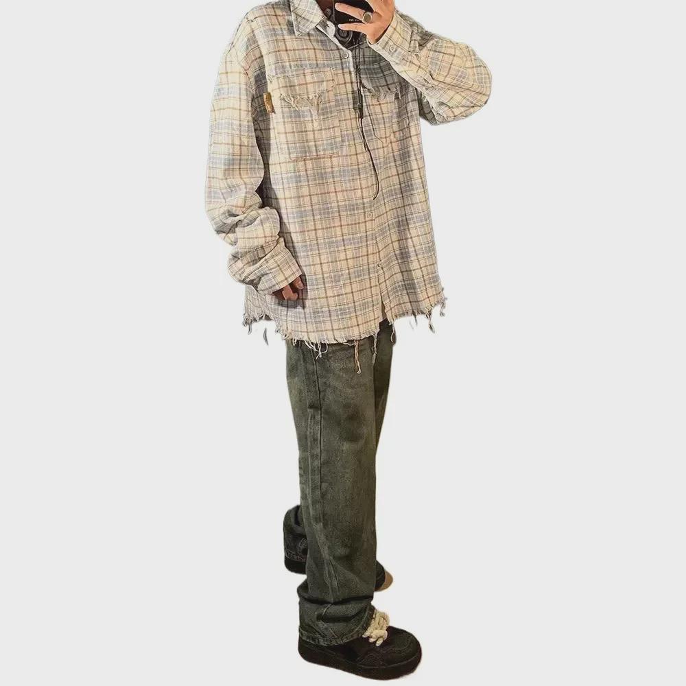 2024 Spring American Retro Plaid Edge Long Sleeve Couple Shirt for Men and Women