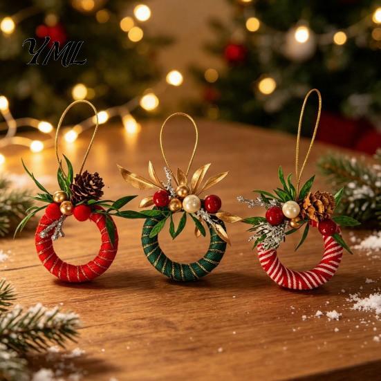 Retro Holiday Ornaments Mini Christmas Wreath Ornament, Miniature Artificial with Bow, Bow Pinecone, Xmas Tree Hanging for Party Seasonal Decor