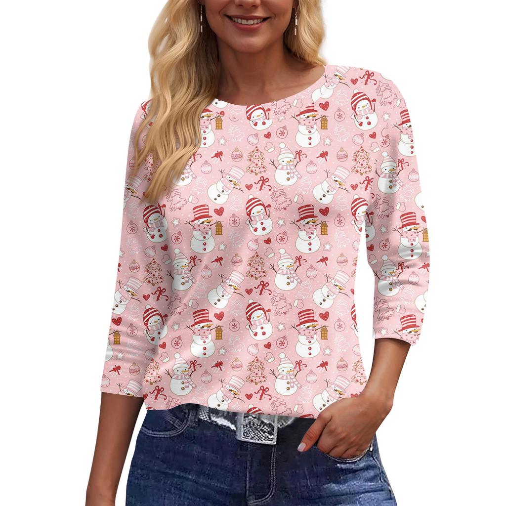 Damska modna luźna koszulka z okrągłym dekoltem i 3/4 rękawami, z nadrukiem i luźnym nadrukiem