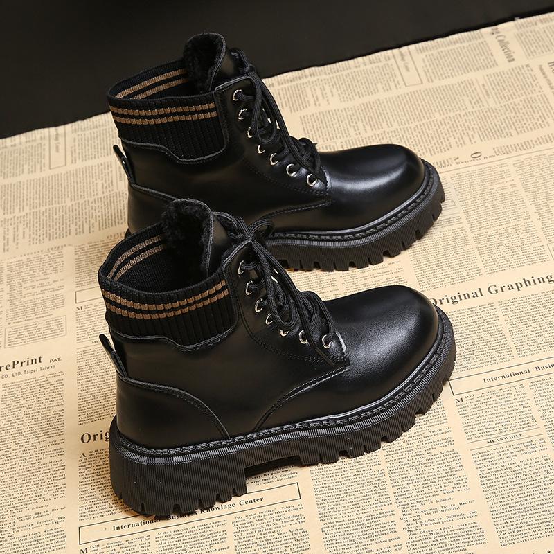 

British style front lace-up boots 2025 new autumn and winter black and white Internet celebrity tide shoes Martin boots platform velvet leather shoes 42