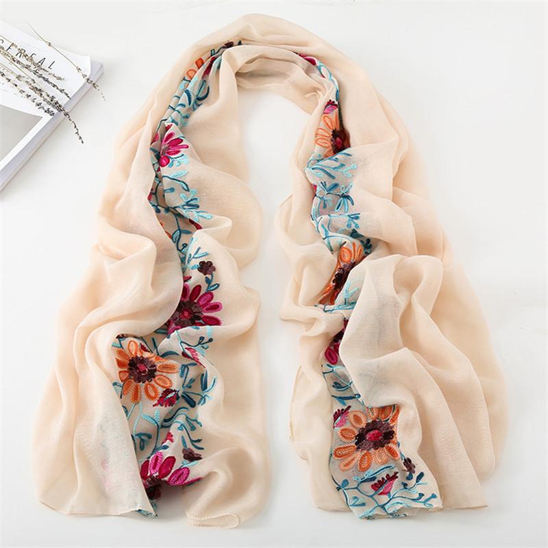 Women Cotton Viscose Shawl Plain Embroider Floral Turban Style Pashmina Wrap Thick Sun Protection Summer Soft Shawl 180*90Cm