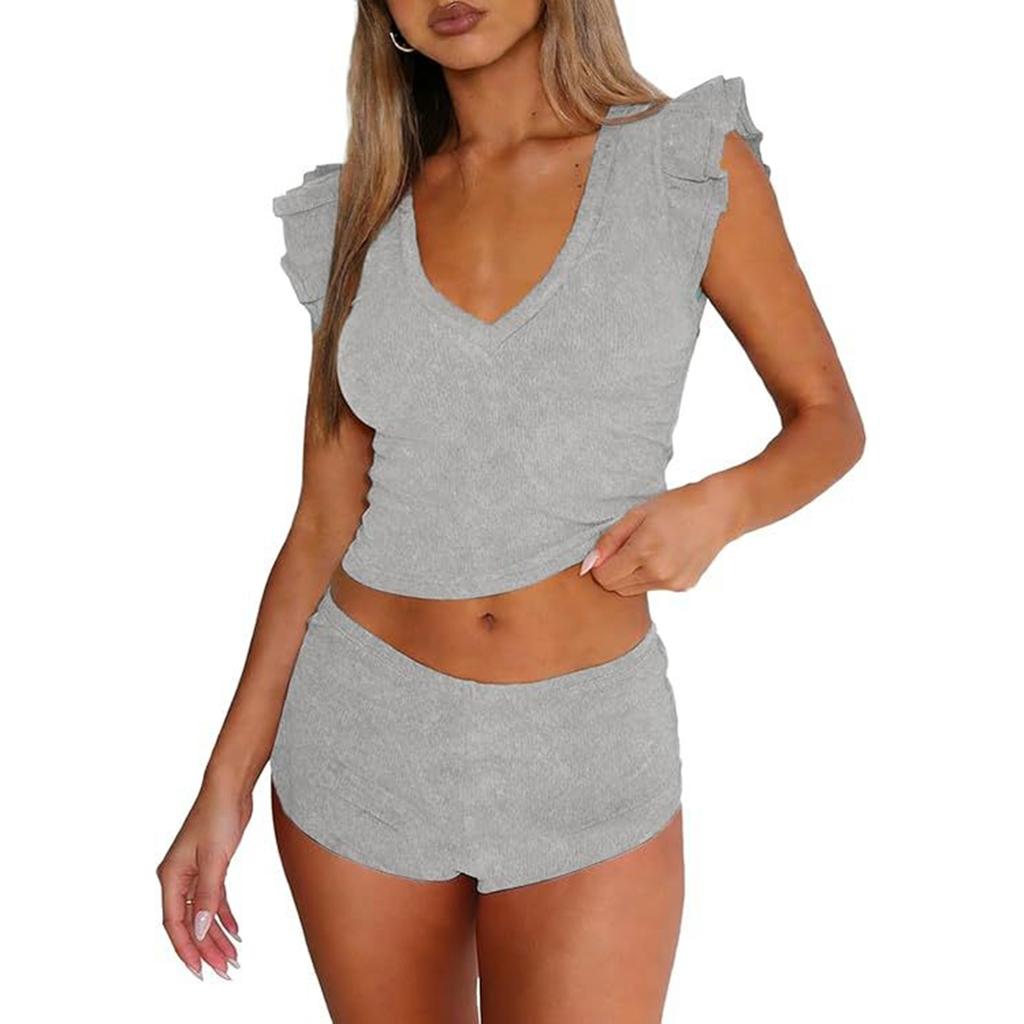 Damen ärmelloses Strick-Westen-Top und Shorts Set V-Ausschnitt Rüschen-Schulterdetail Lässiges zweiteiliges Outfit Sommerkleidung