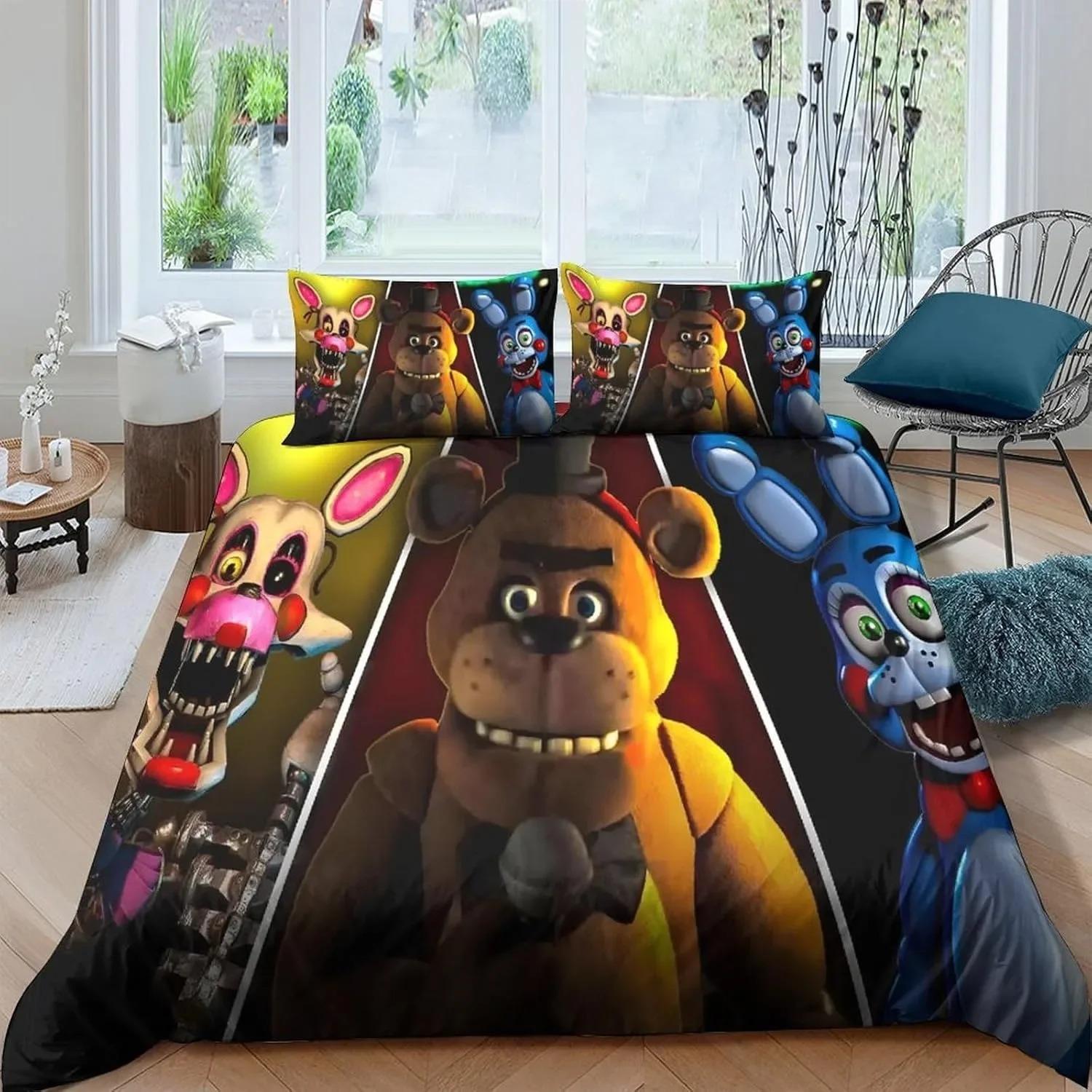 Impression 3D Papier Peint Freddy Parure de Lit FNAF Housse de Couette Five Nights Taie d'Oreiller double face 2/3 pièces Housse de Couette Décoration de Chambre 100x135cm (2pcs)