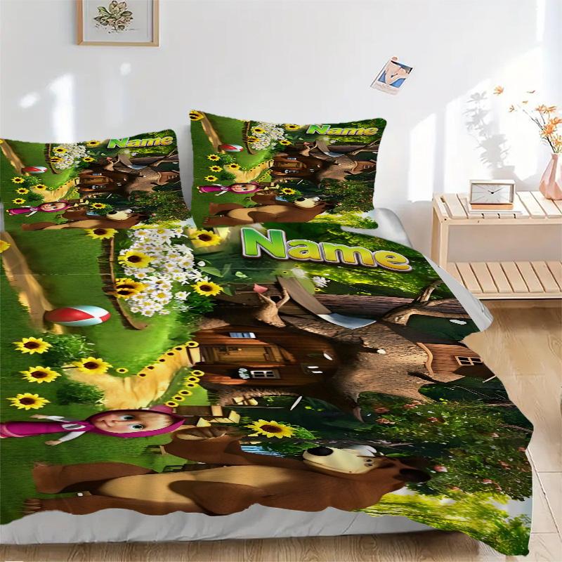 Custom Name Bear Sunflowers Forest Print 3Pcs Bedding Set Duvet Cover With 2 Bedro Pillowcase Home Birthday Gift