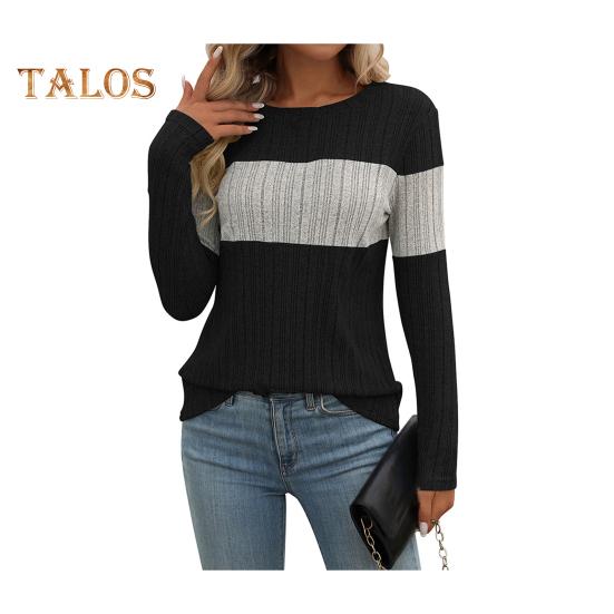 Dámské topy s kulatým výstřihem, dlouhým rukávem, barevný blok, žebrované pletací topy, volný střih, ležérní, svetrové topy, denní nošení