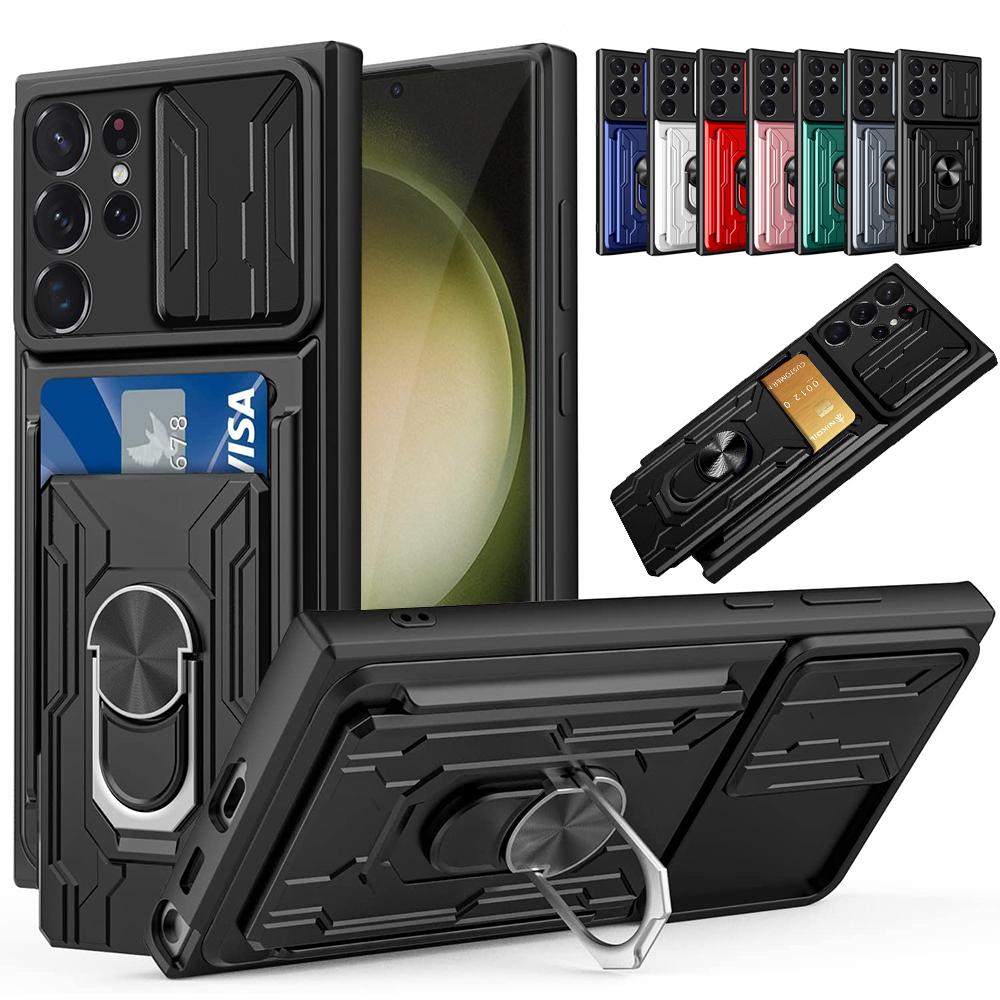 

Чехол для Samsung S23 S22 S21 Note Ultra Plus A54 A34 A14 A53 5g, выдвижная подставка, подставка, кольцо для камеры, крышка слота для карт в стиле милитари