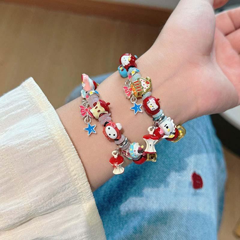 Brățară drăguță Sanrio Hello Kitty Fundă Măr Pandantiv Kt cu mărgele Cadouri de ziua de naștere Accesorii trendy girly Ajustabilă