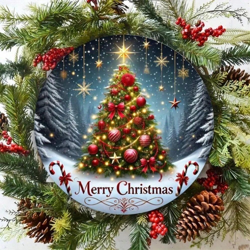 Christmas Tree Metal Sign Round Iron Wall Art Home Kitchen Living Room Garden Decor