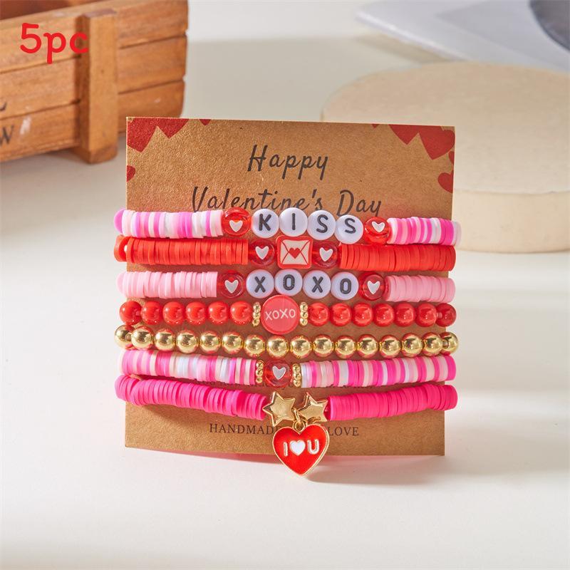 Love Heart Soft Clay Bracelets Set For Women With Pink Acrylic Letter Beads Hand Jewelry Gift