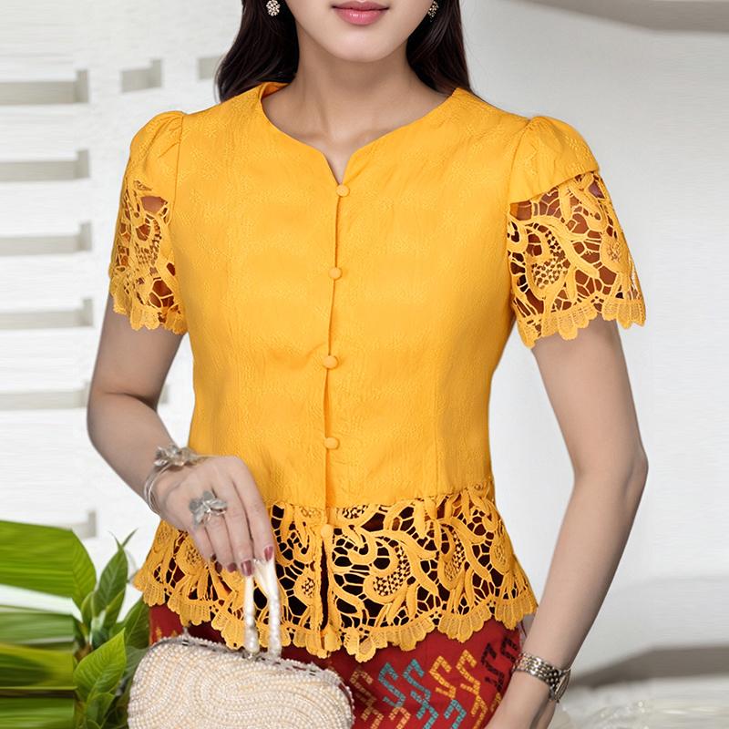 ZANZEA Dame Sommer V-hals Hul Heklet Spleis Kort Ermet Casual Bluse