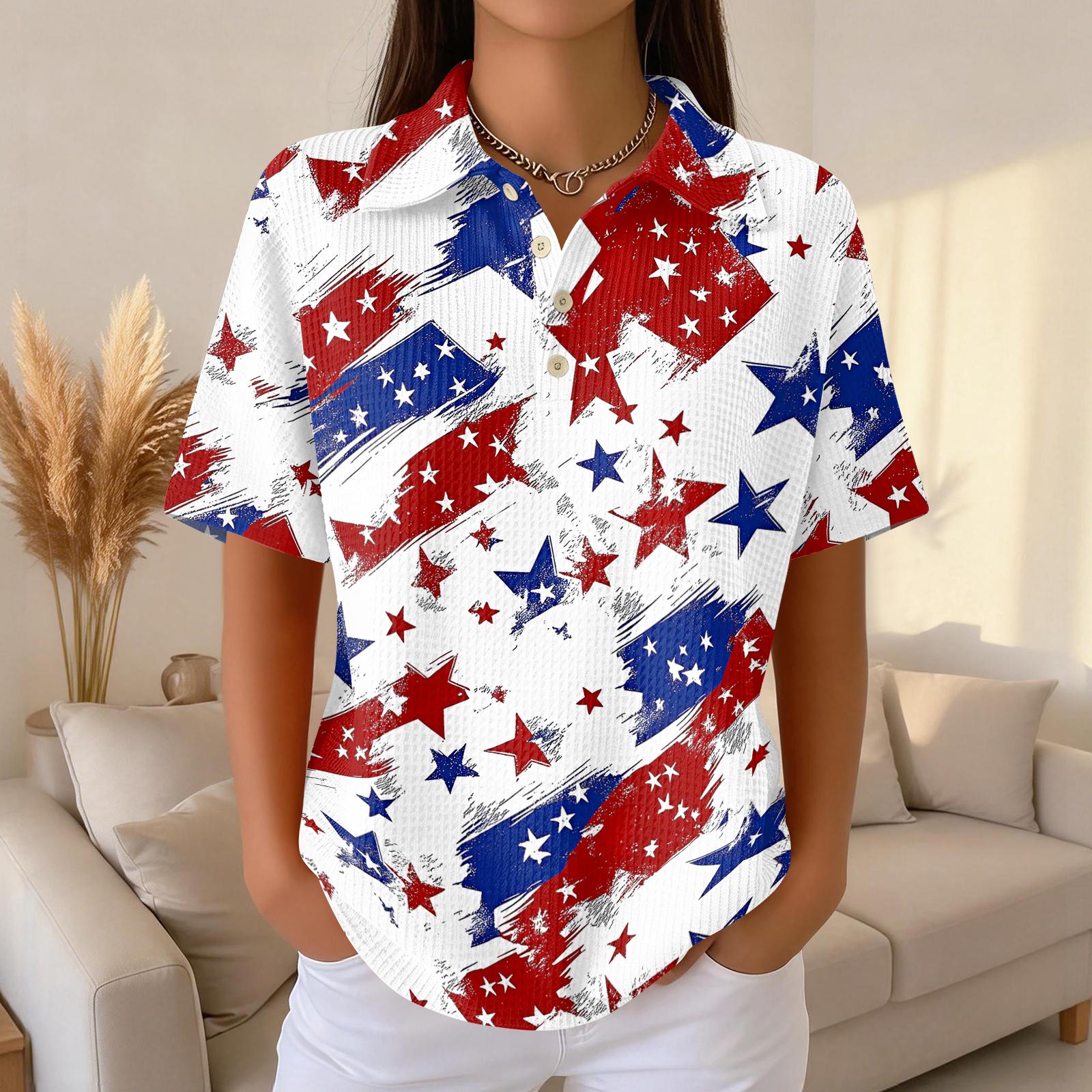 

Women’s Casual Short Sleeve Knit Polo Shirt with Star Print and Button Front for Daily Wear and Holiday Outfits XXXL білий