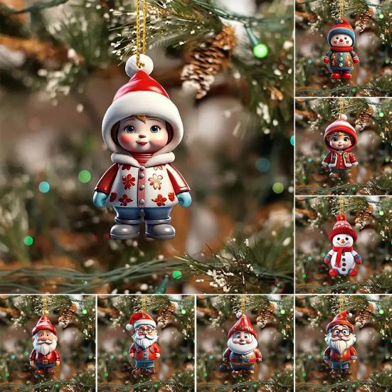 2 Pcs Christmas Ornaments Cartoon Snowman Santa Claus Acrylic Pendant Xmas Tree Hanging Decoration for Holiday Party Decor Car Accessories