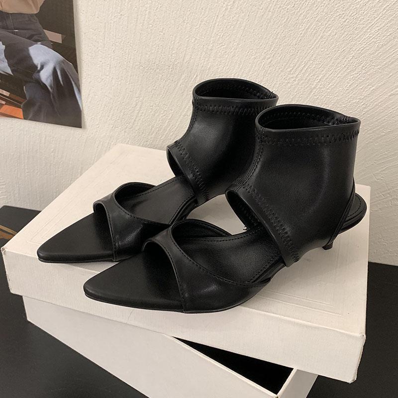 

Модная обувь с открытым носком на низком каблуке, современные женские ботильоны до щиколотки, модные эластичные женские босоножки на каблуке, ботинки для леди, черные 37 чёрный