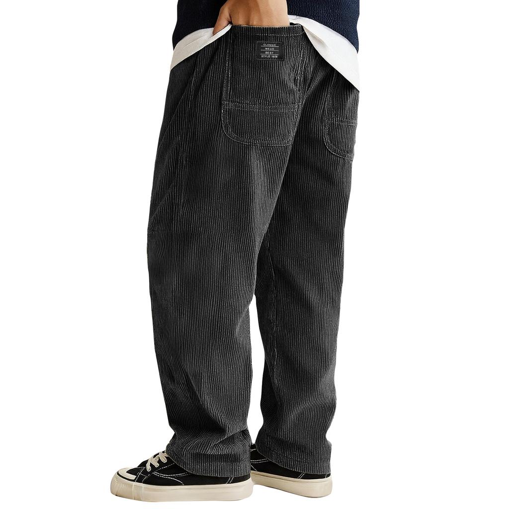 Mens Corduroy Loose Fit Trousers Straight Leg Casual Pants With Patch Pockets And Elastic Waistband For Daily Wear
