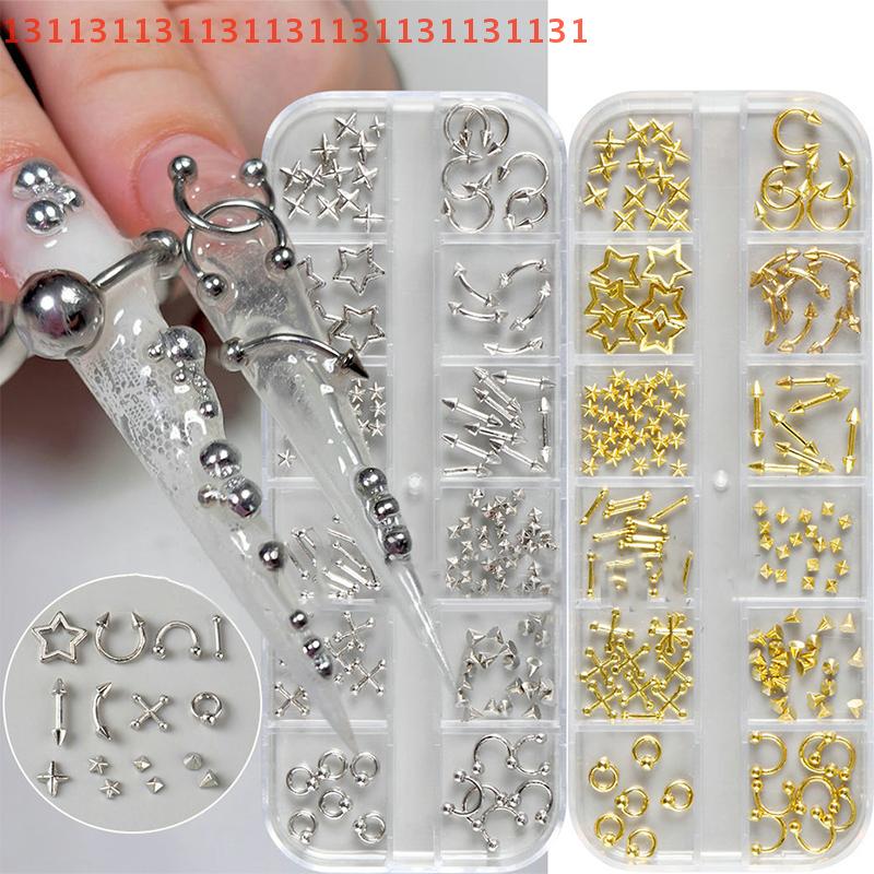 DIY Glamour Nail Decoration 12 Grids Gothic Punk Retro Metal Nail Jewellery 3D Gold Silver Nail Rhinestone Accessories
